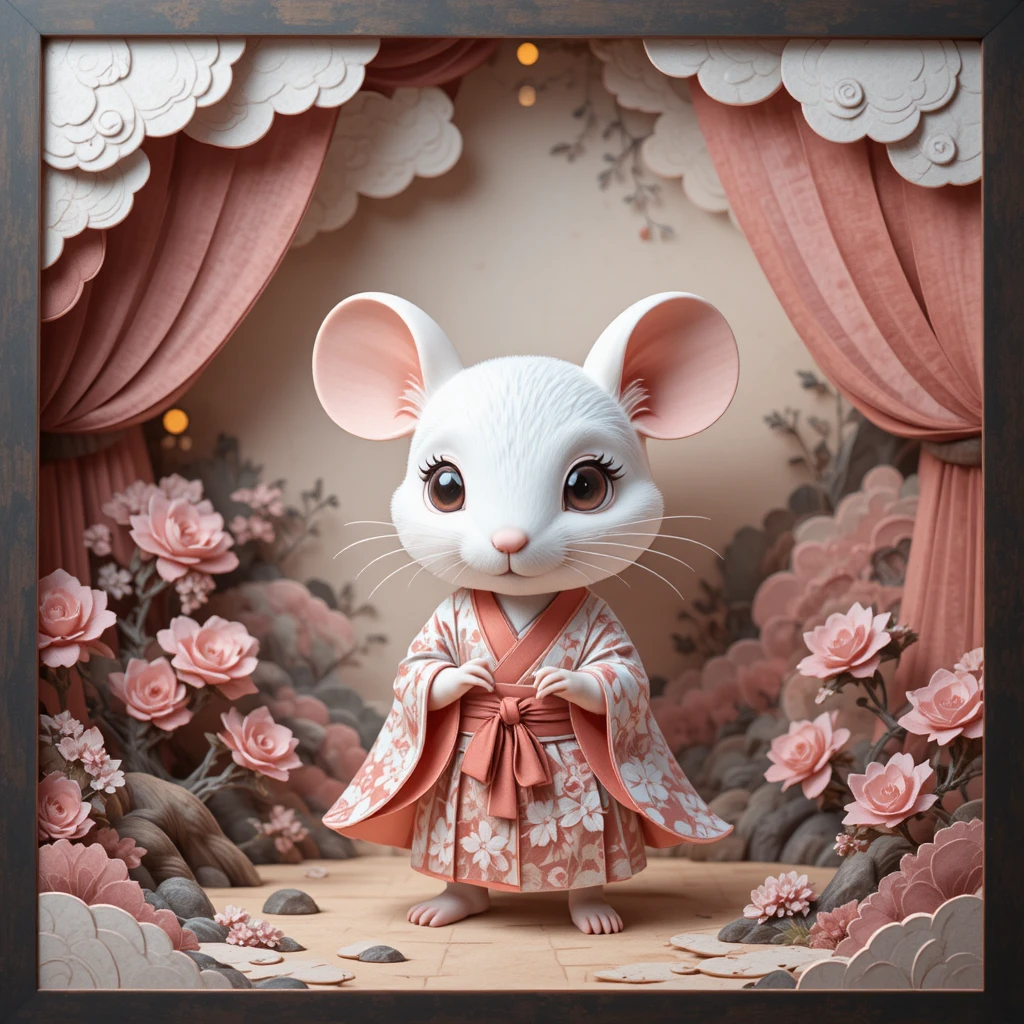 Ratinho chibi fofo de quimono em arte fantástica de papel em camadas