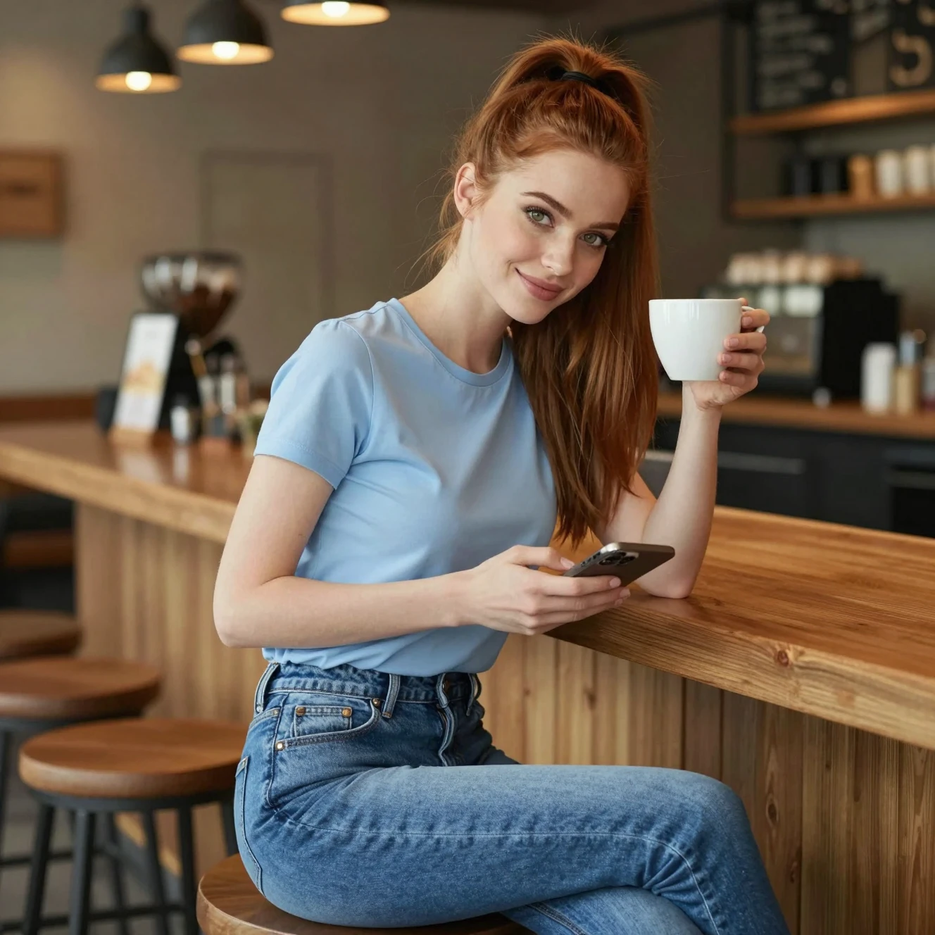 くつろいだ若い女性が居心地の良いカフェバーのカウンターでコーヒーを楽しむ