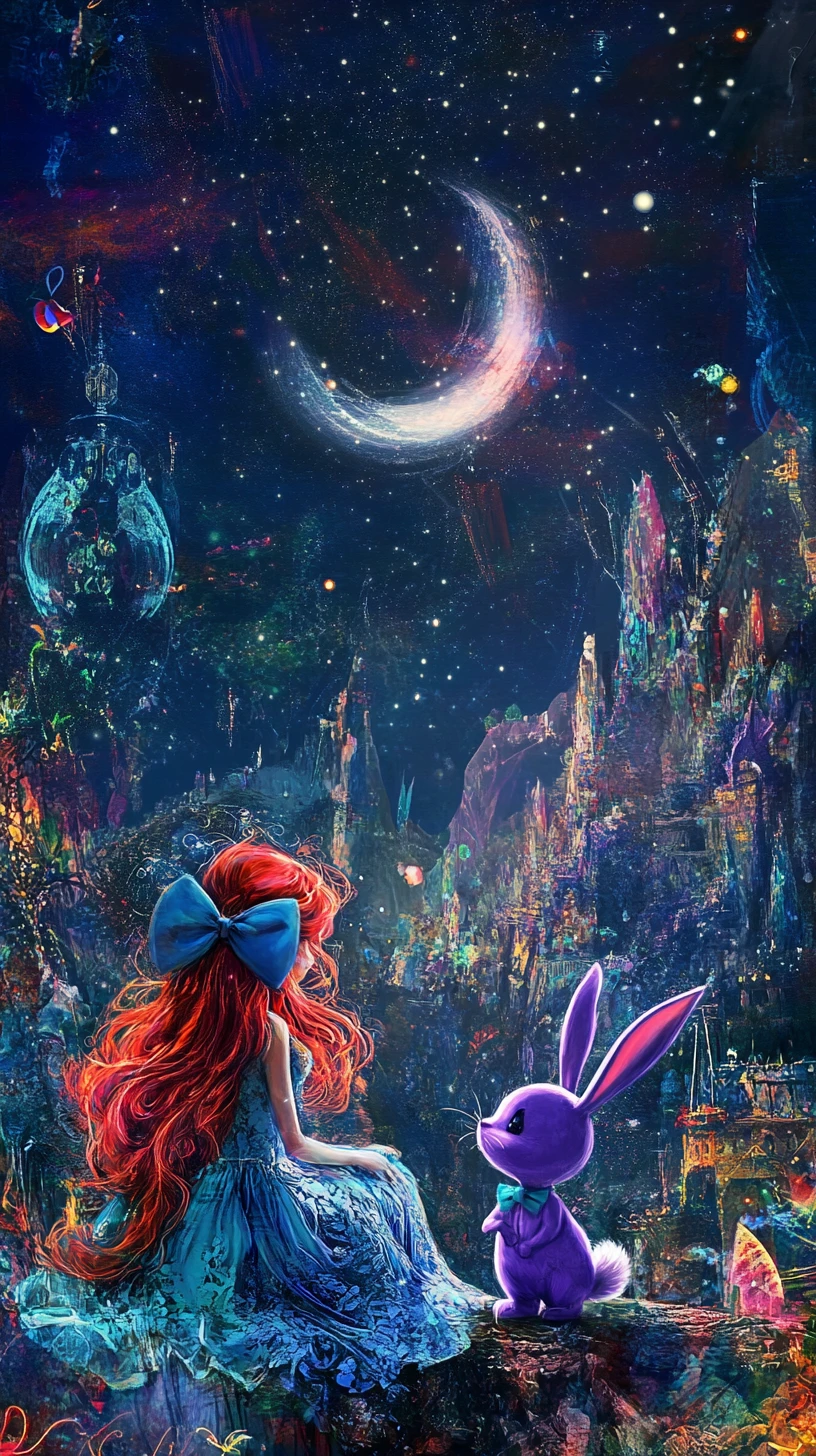 Chica de fantasía y conejo morado en un cielo estrellado de ensueño