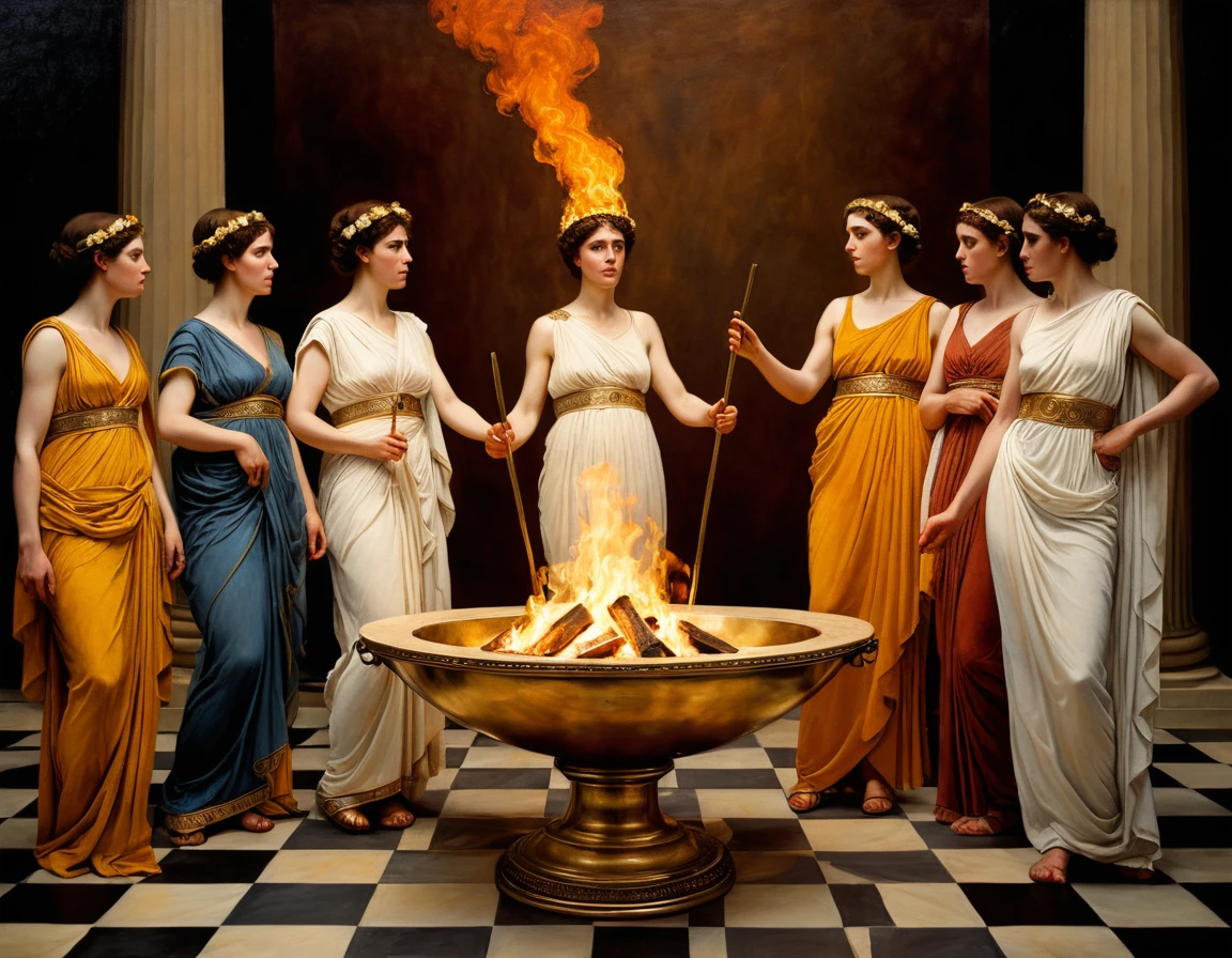 Mujeres con trajes griegos se acercan a un fuego ritual central