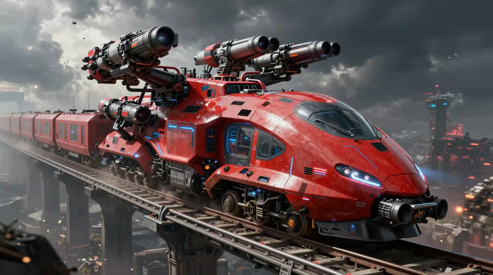 Treno da guerra futuristico corazzato su rotaia aerea sopraelevata