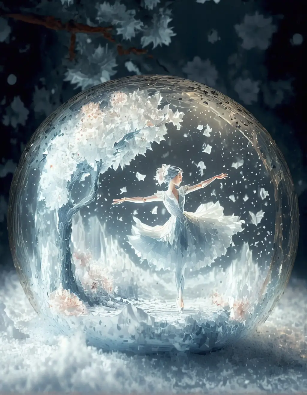 冬日白雪上靜置玻璃球中的折紙場景
