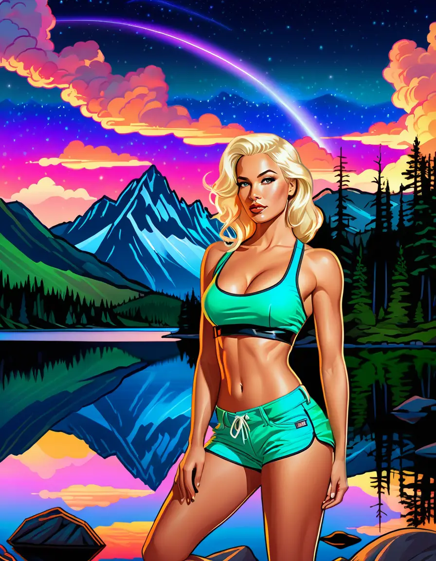 Ragazza pin-up bionda su un lago di montagna al crepuscolo