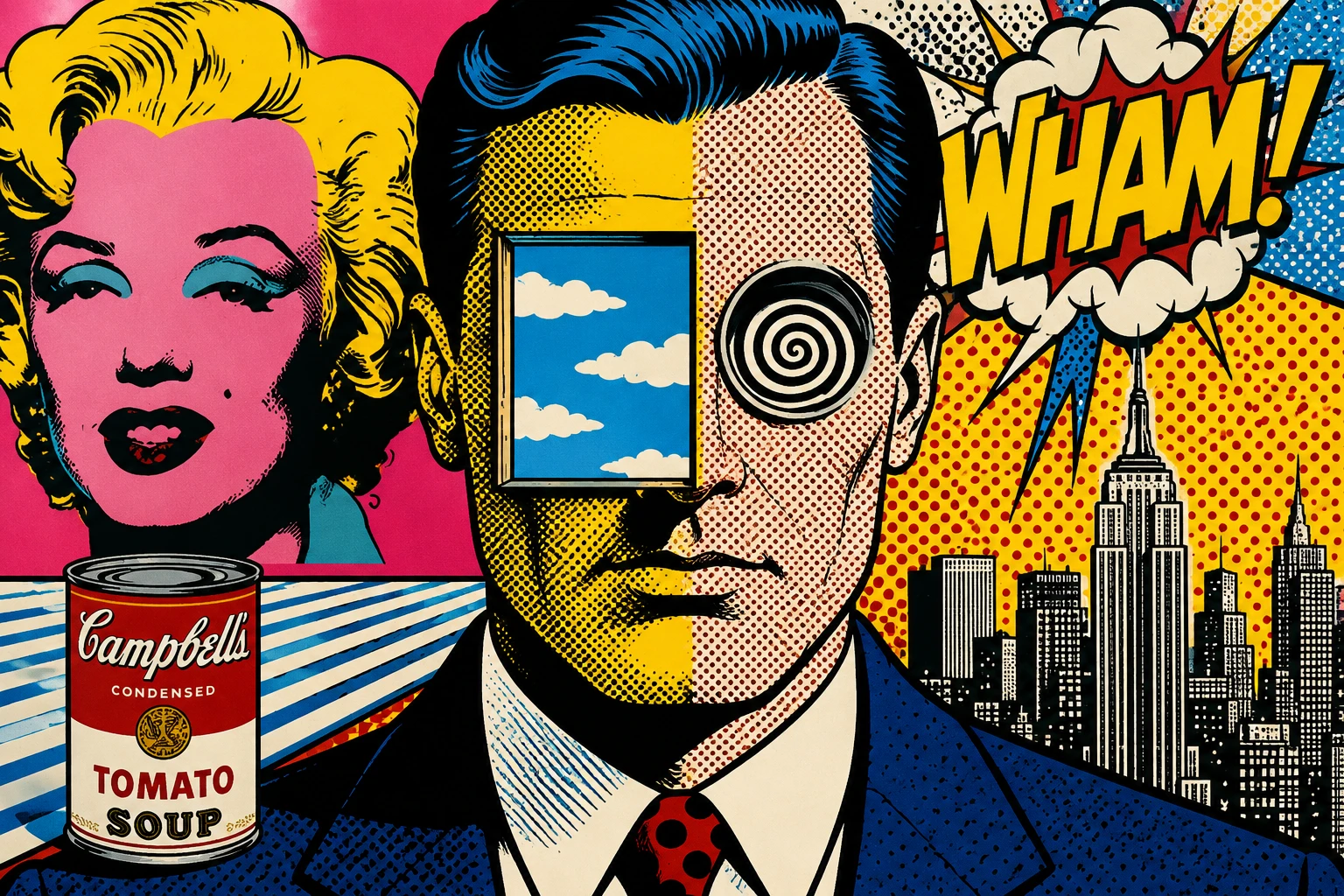 Retrato pop art surreal de um homem com cores de quadrinhos ousadas