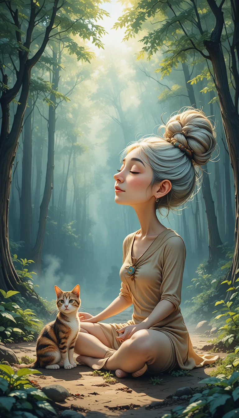 Senhora idosa etérea meditando em uma floresta banhada de sol