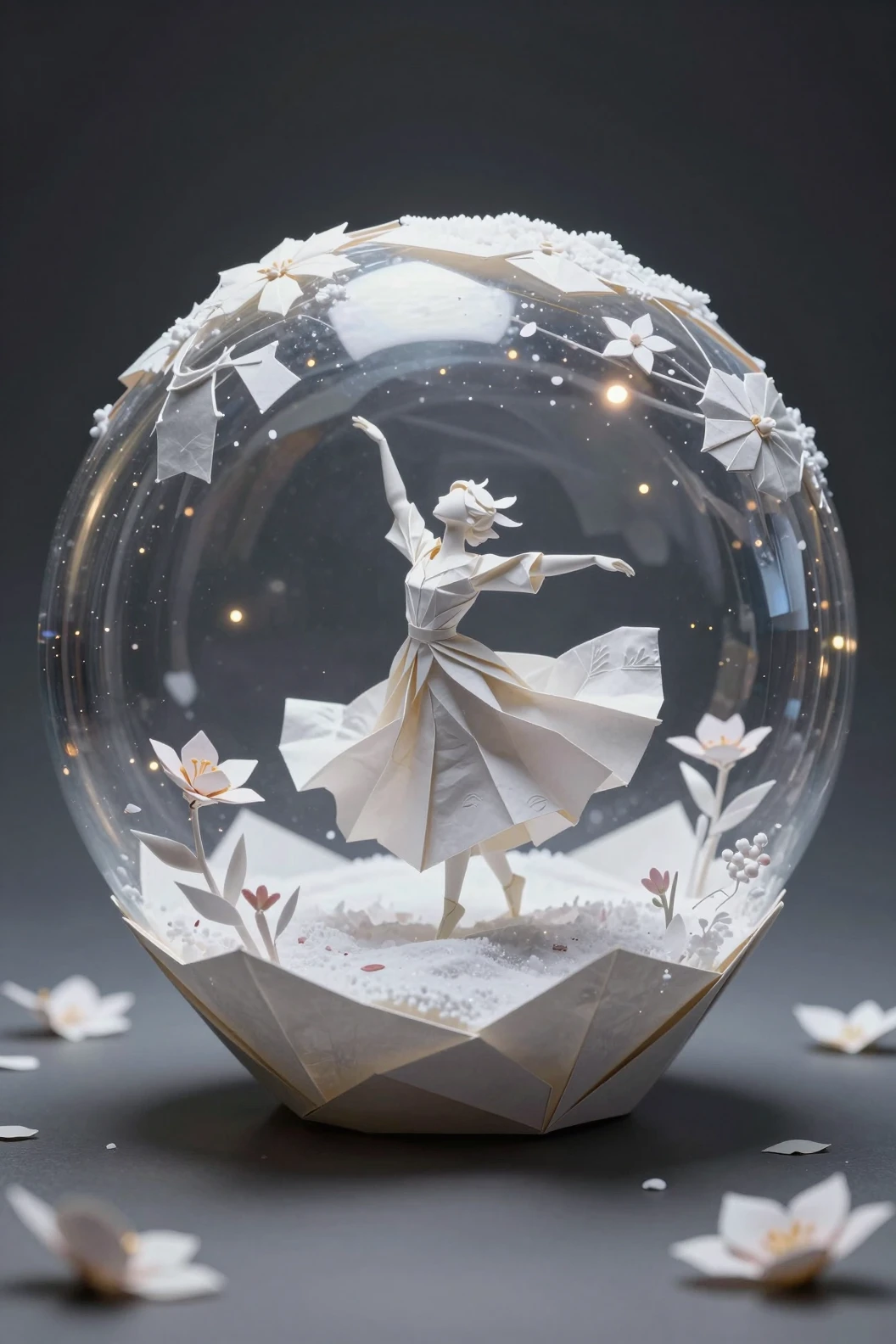 Origami-Papierszene in einer Glaskugel im Schnee