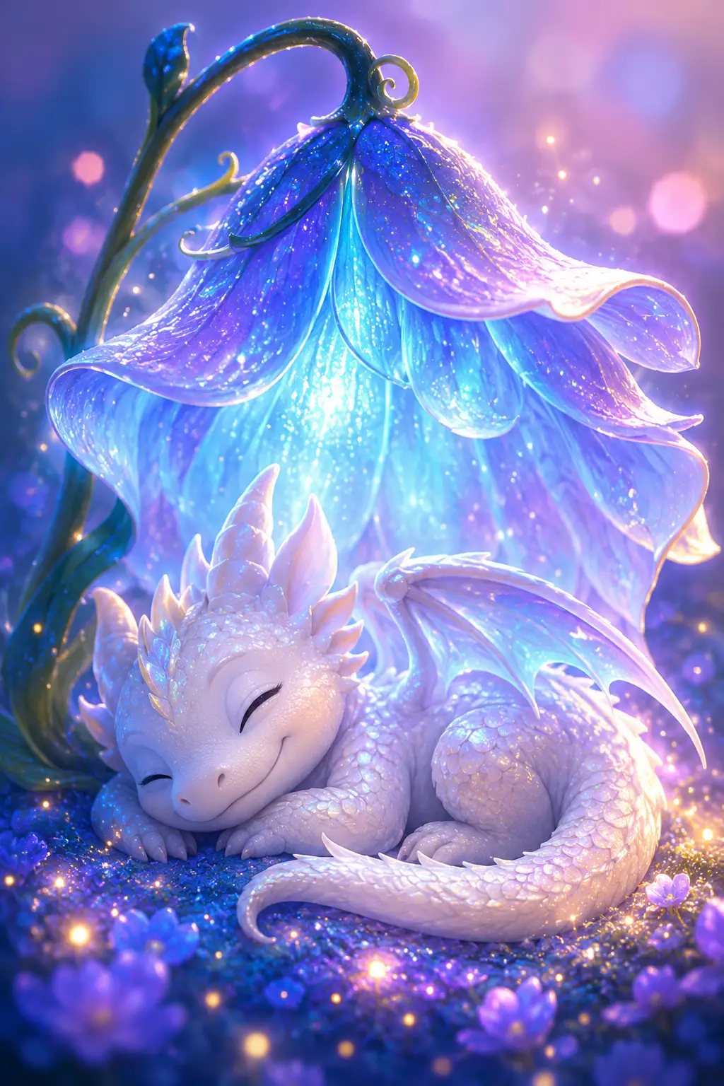 光る青い花の下で眠るかわいい赤ちゃんドラゴン