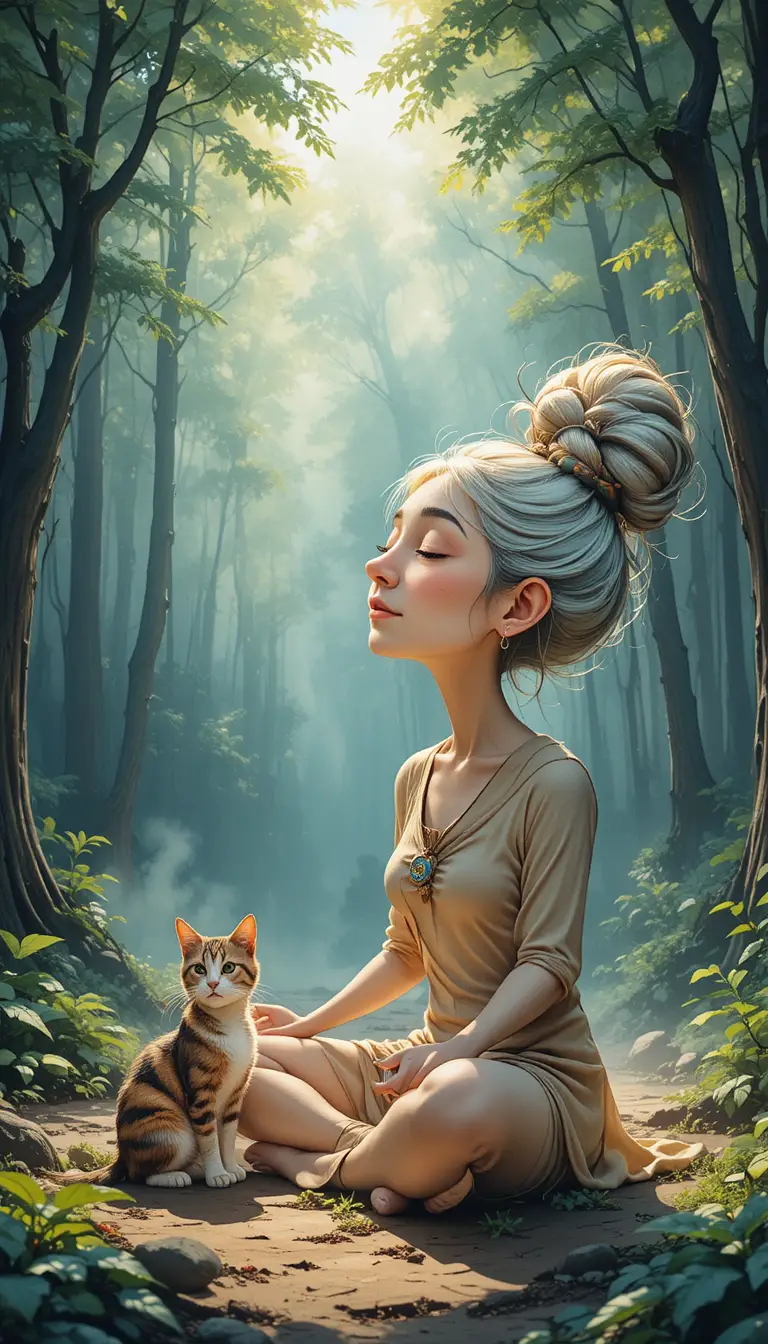 Ethereal Elderly Woman Meditating In A Sunlit Forest