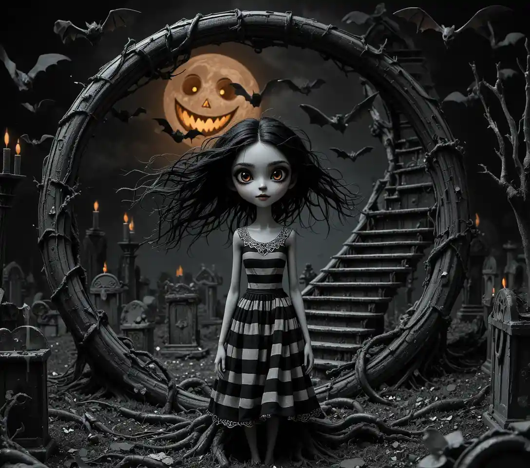 Gothic-Mädchen auf einem Halbmond-Friedhof in der Nacht
