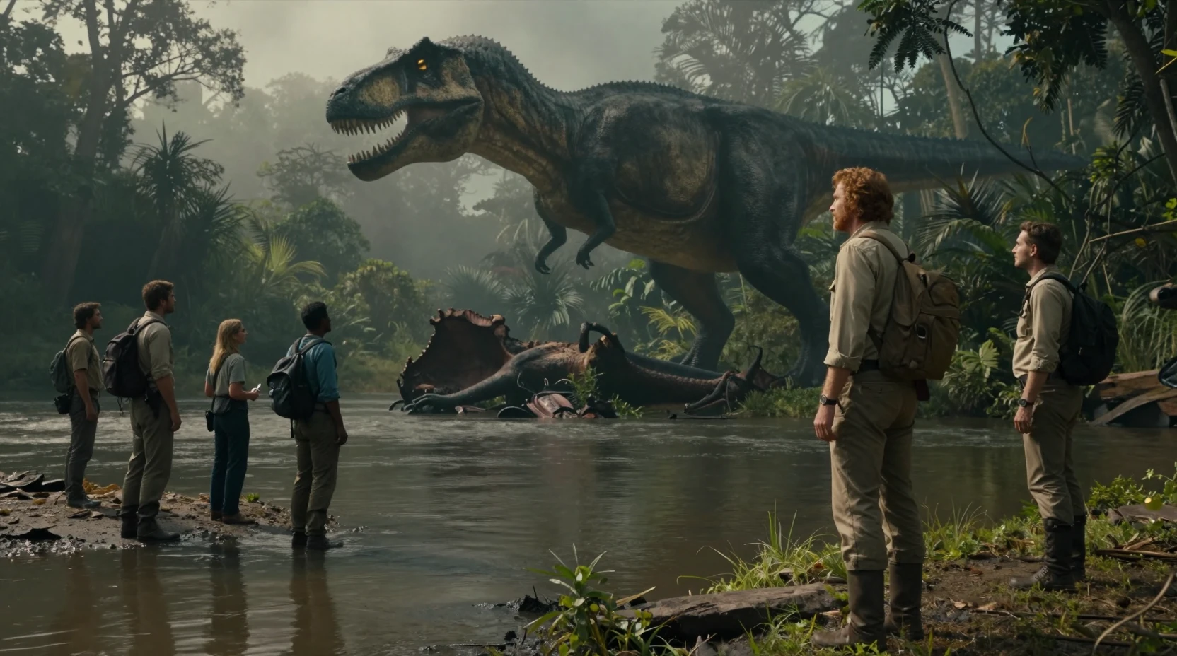 Confronto cinematográfico à beira do rio com caçadores e dinossauro à espreita