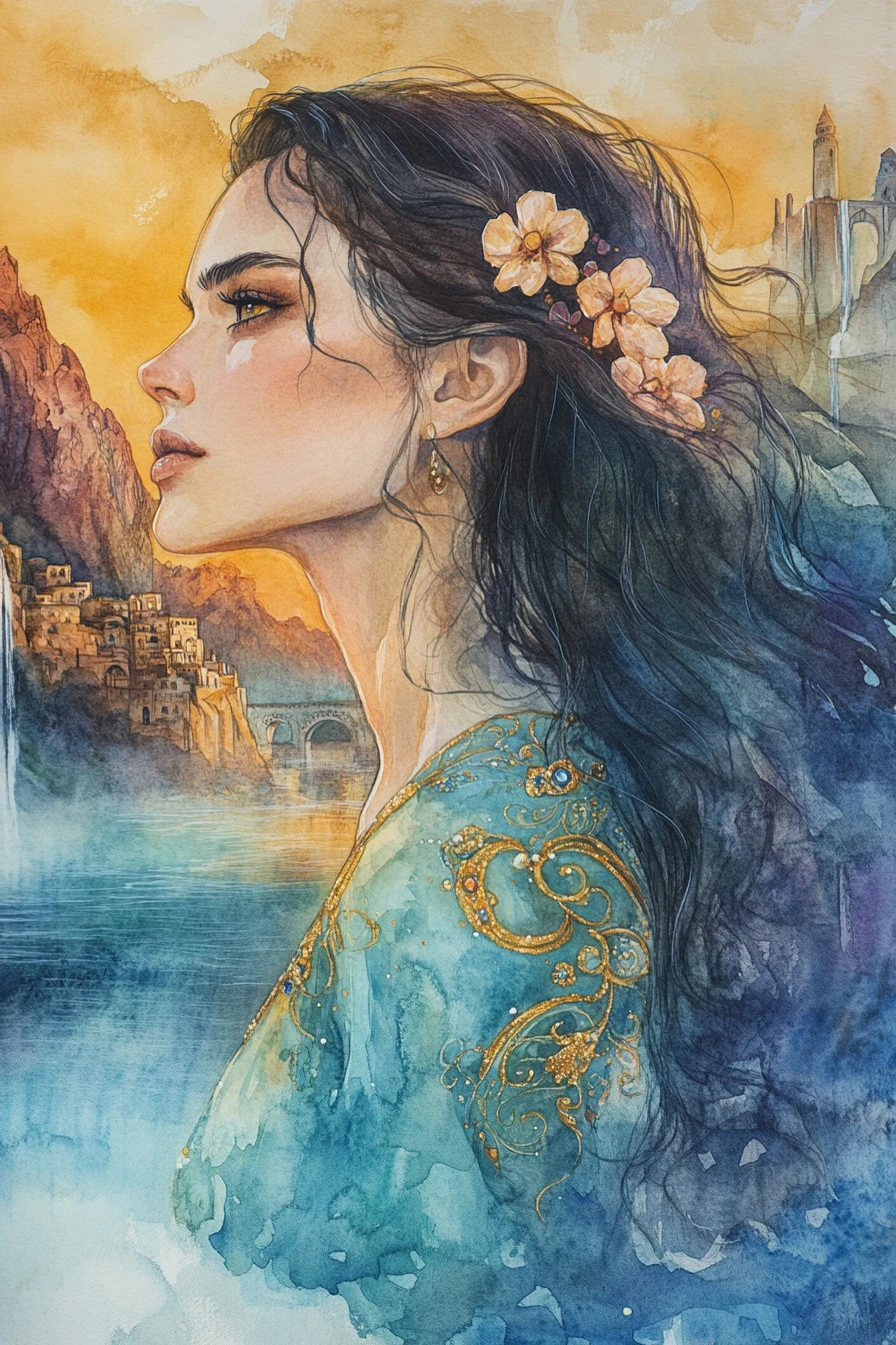 Retrato em aquarela de uma mulher em um vestido turquesa esvoaçante