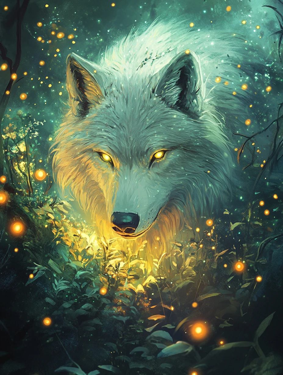 Lobo Branco Majestoso em Vale Fantástico Bioluminescente e Luminoso