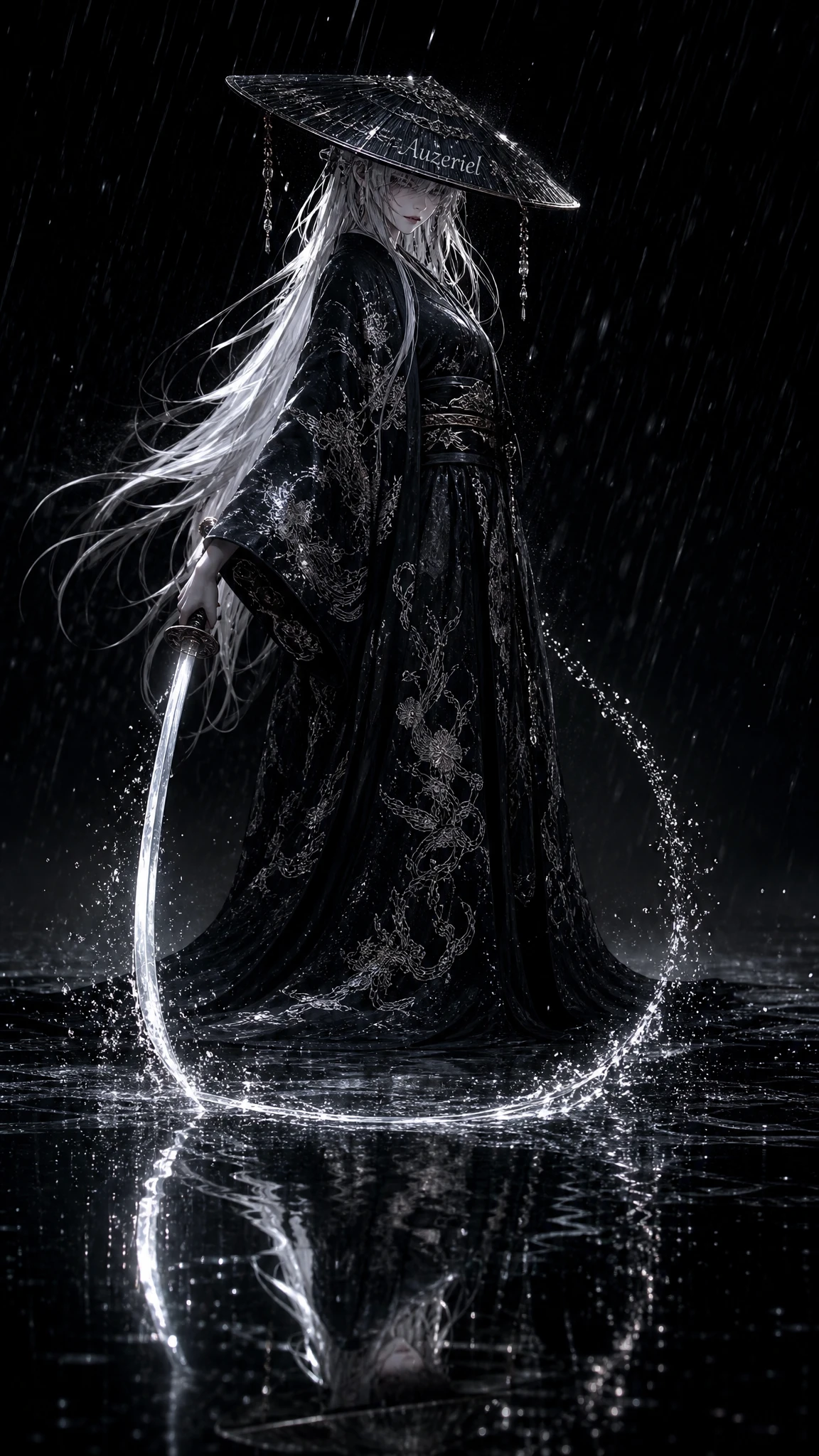 Elegante guerreira de quimono preto em pé na chuva