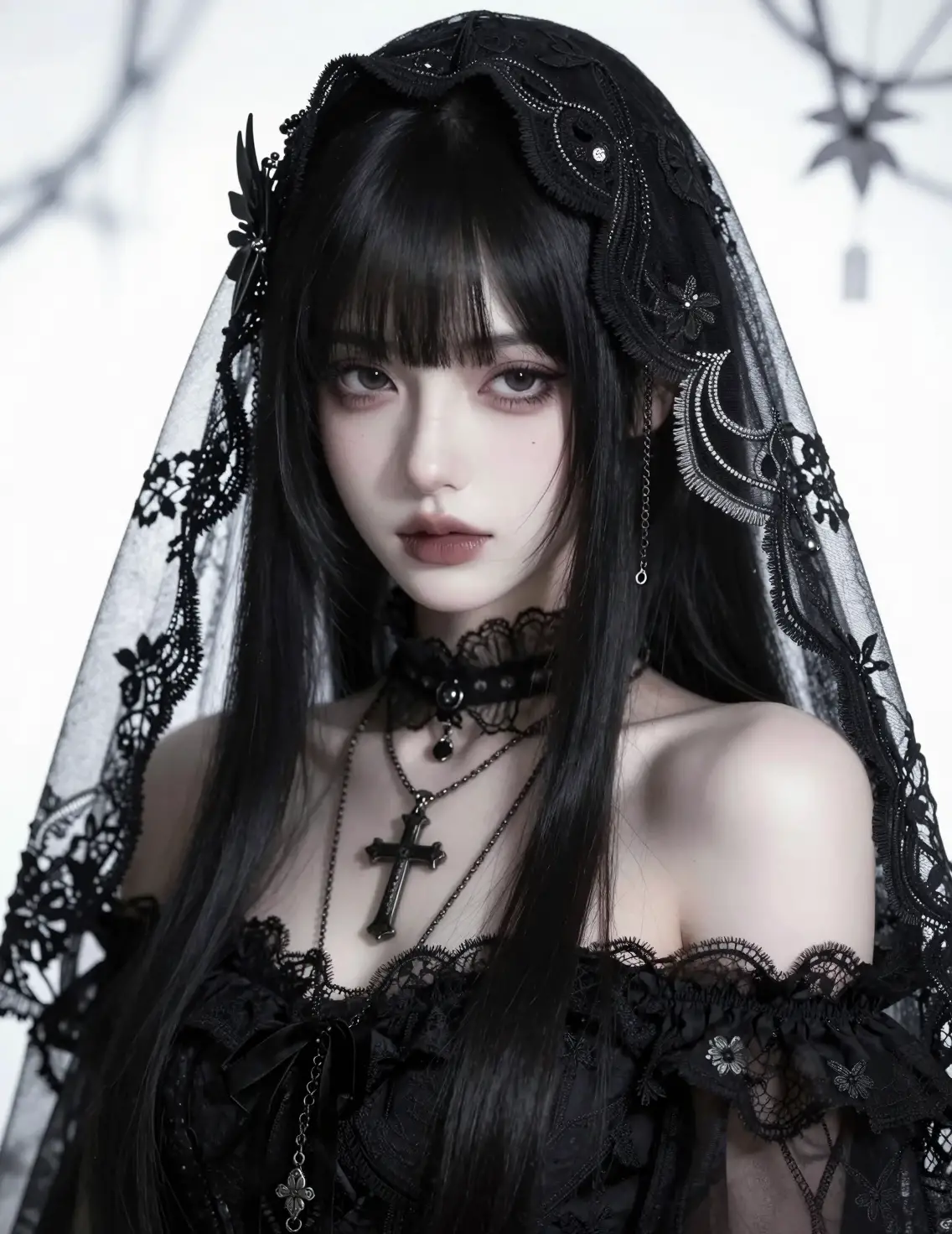 Somber girl portrait in gothic lace and cross jewelry