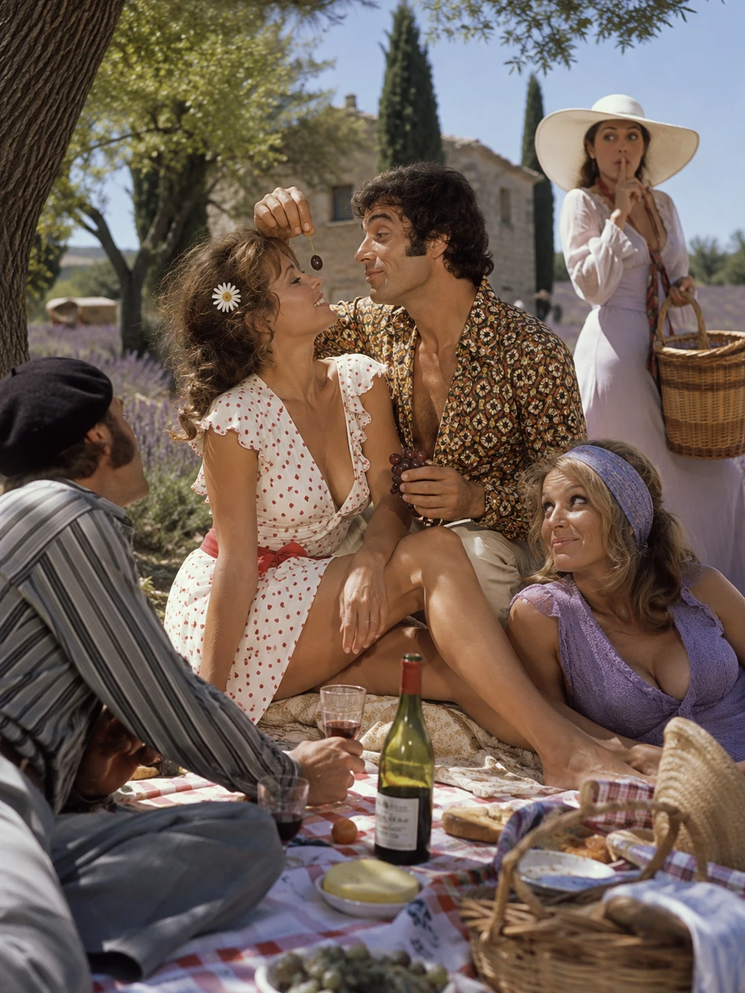 Coppia giocosa a un picnic romantico nella campagna francese