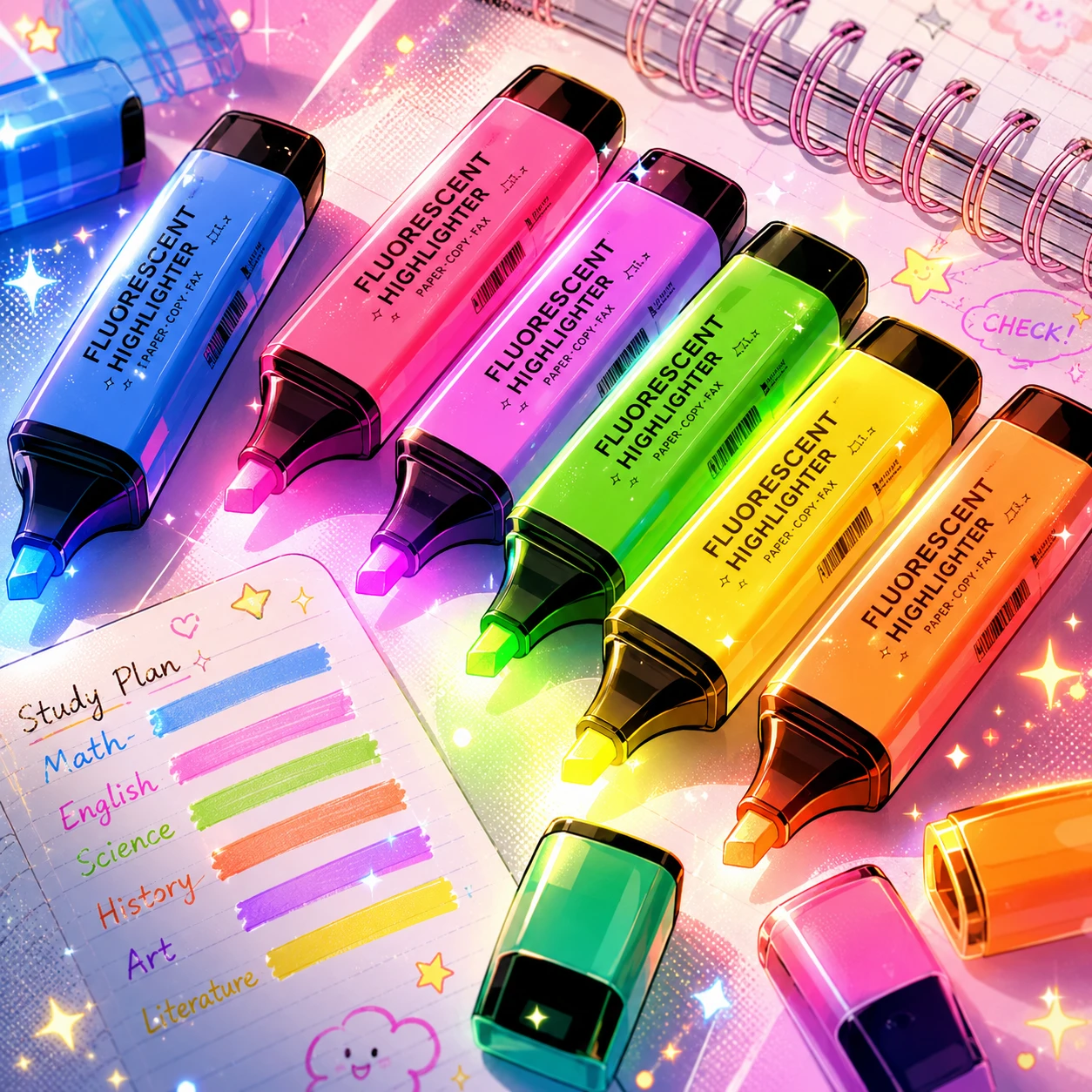 Marcadores neón coloridos sobre un escritorio blanco brillante
