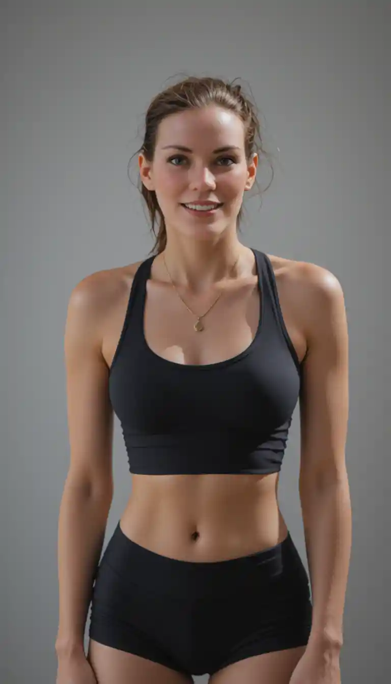 灰色背景前身穿黑色運動服的健美女性