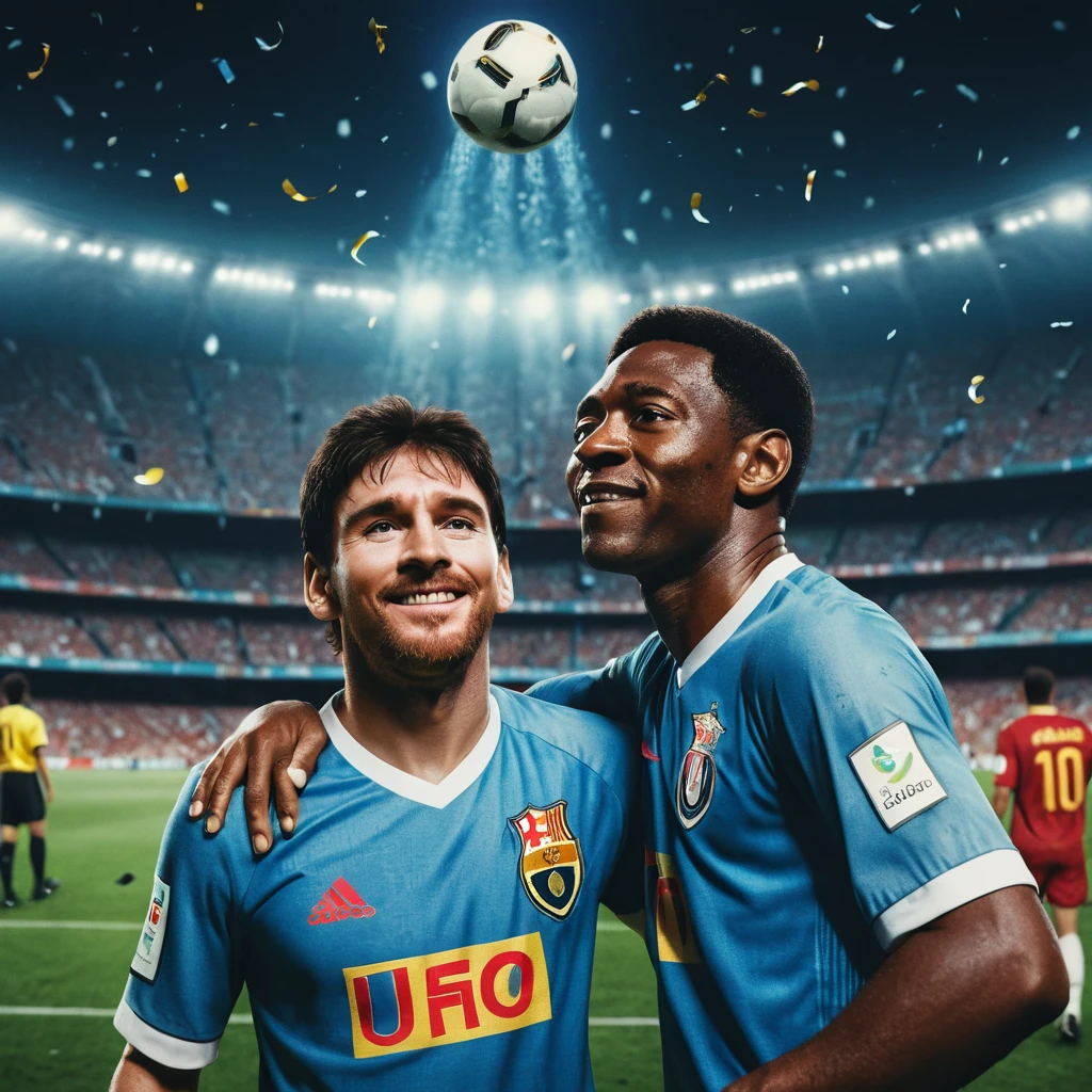 Legendary footballers under night stadium lights in the rain