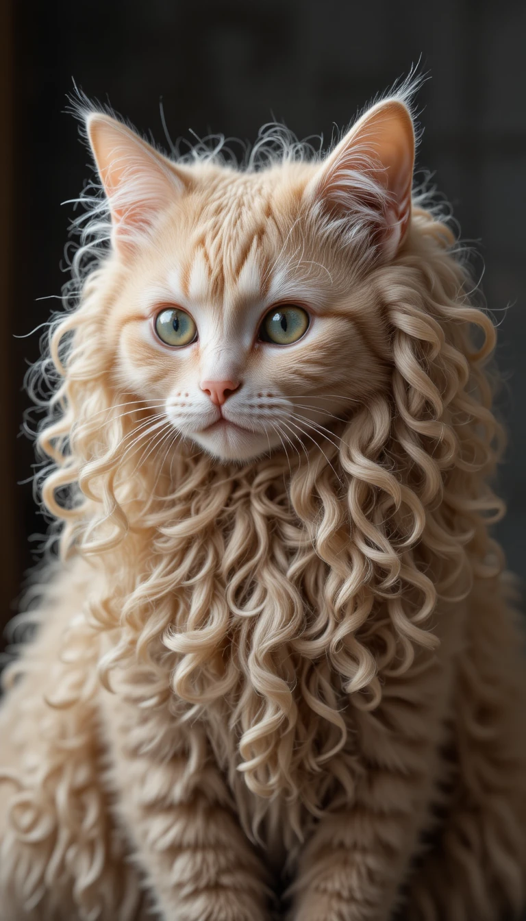 Gato de pelos claros e cacheados com pelagem em forma de macarrão