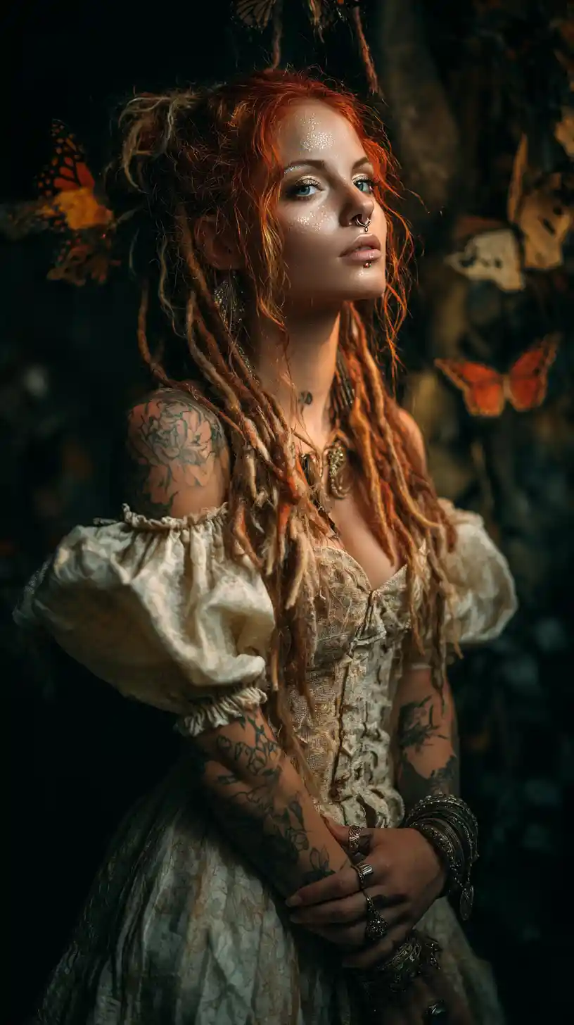 Mistica donna dai capelli rossi in un oscuro giardino d'epoca