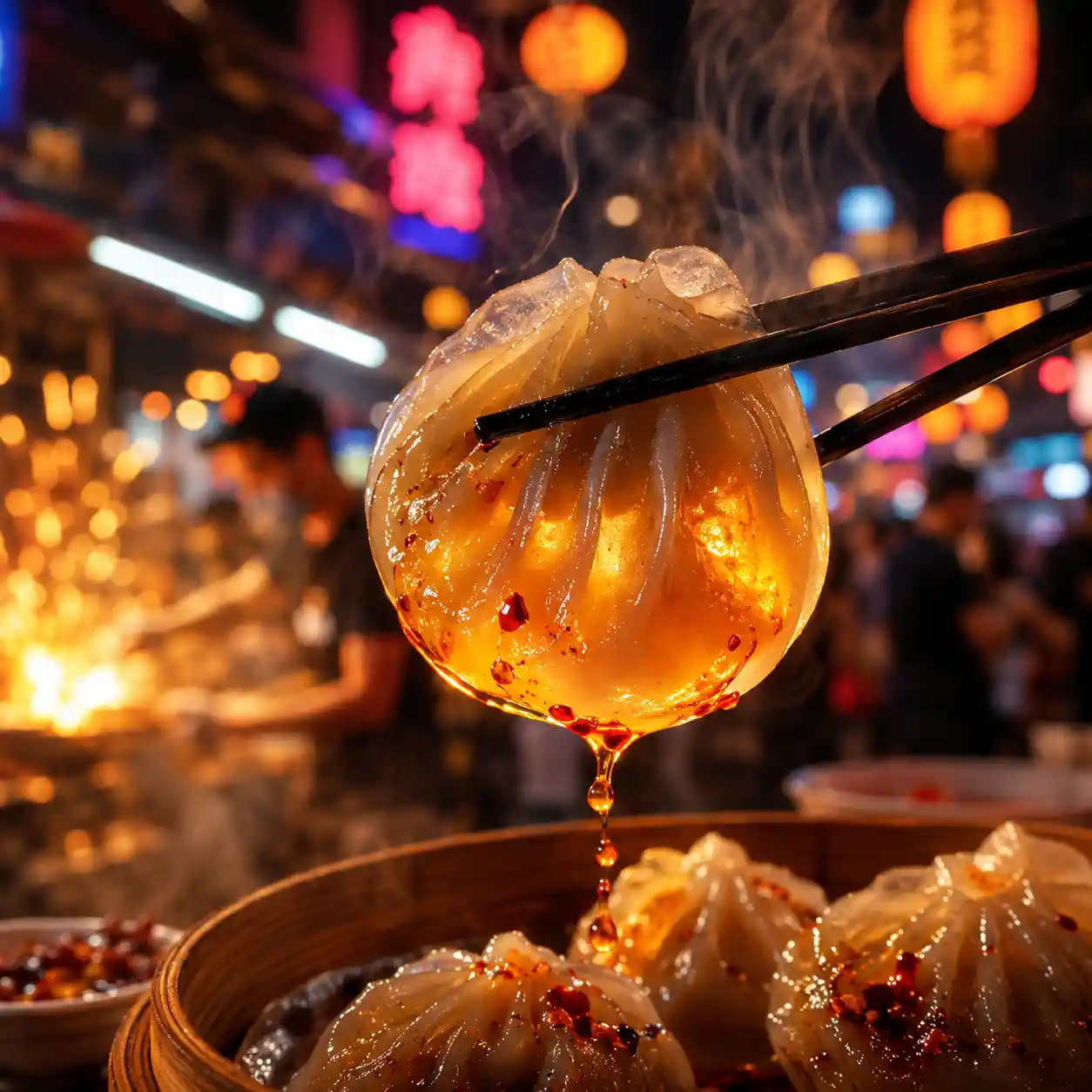 夜市中被筷子夾起的發光水餃