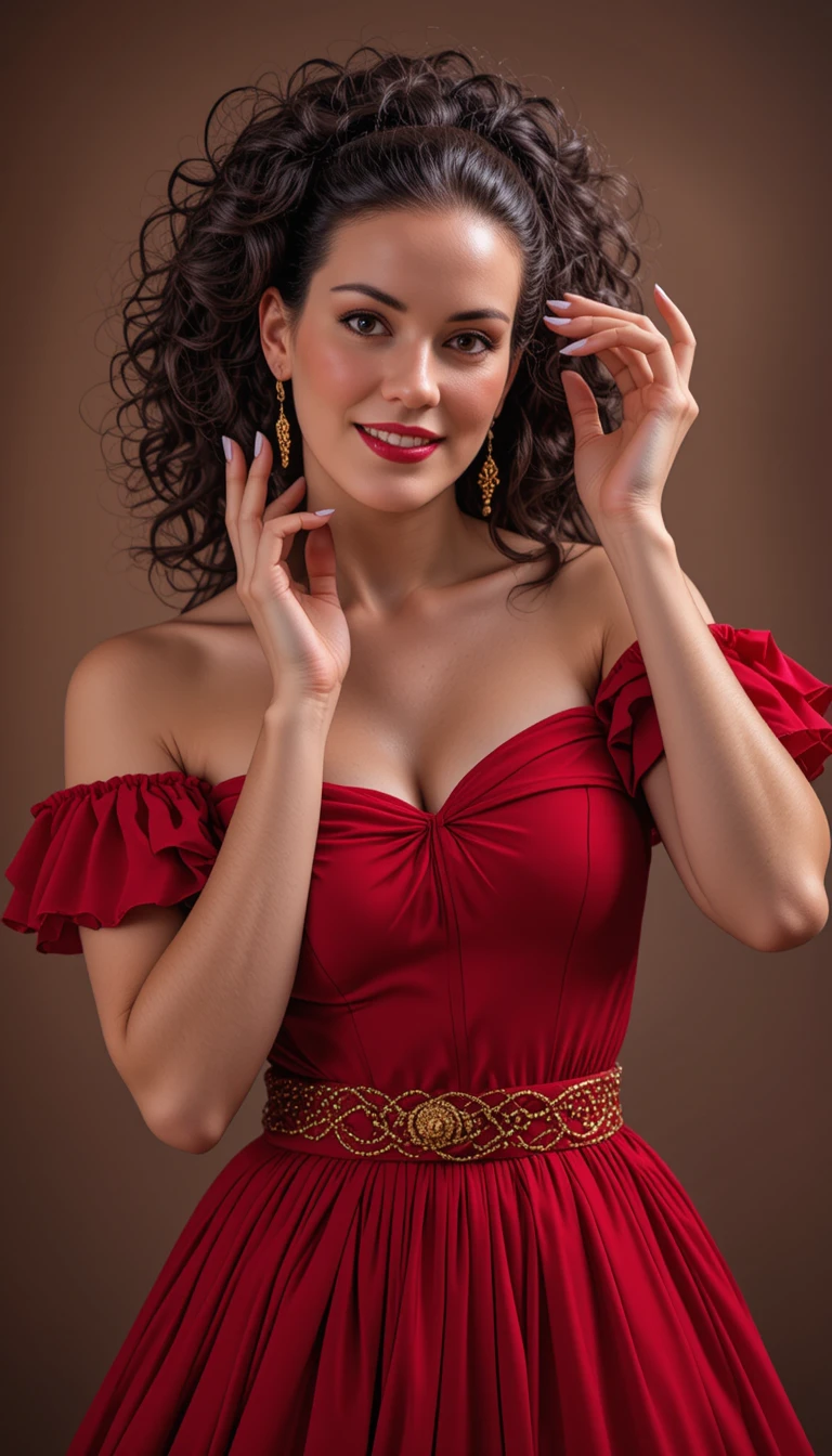Mujer elegante con vestido rojo y voluminosos rizos oscuros