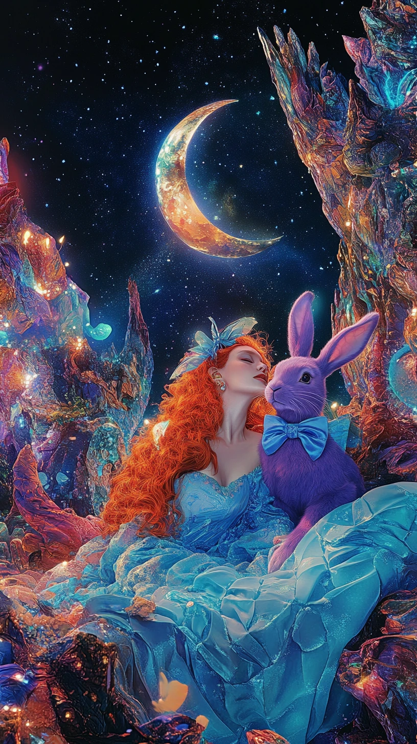 Mulher ruiva mística descansando ao lado de um coelho roxo