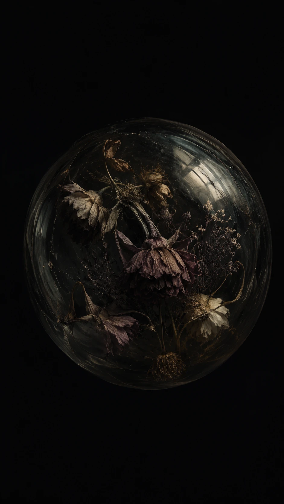 Glass orb with wilted flowers suspended in dark space