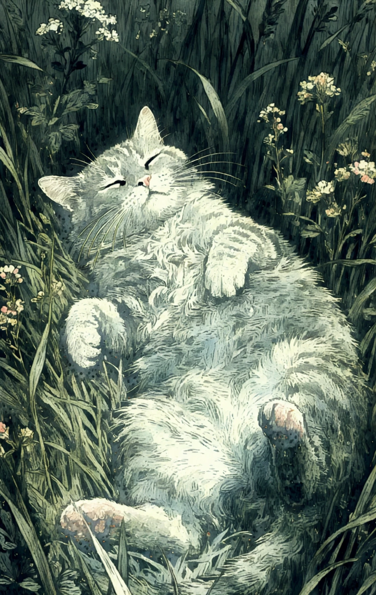 야생화 초원에서 등을 대고 쉬는 고양이