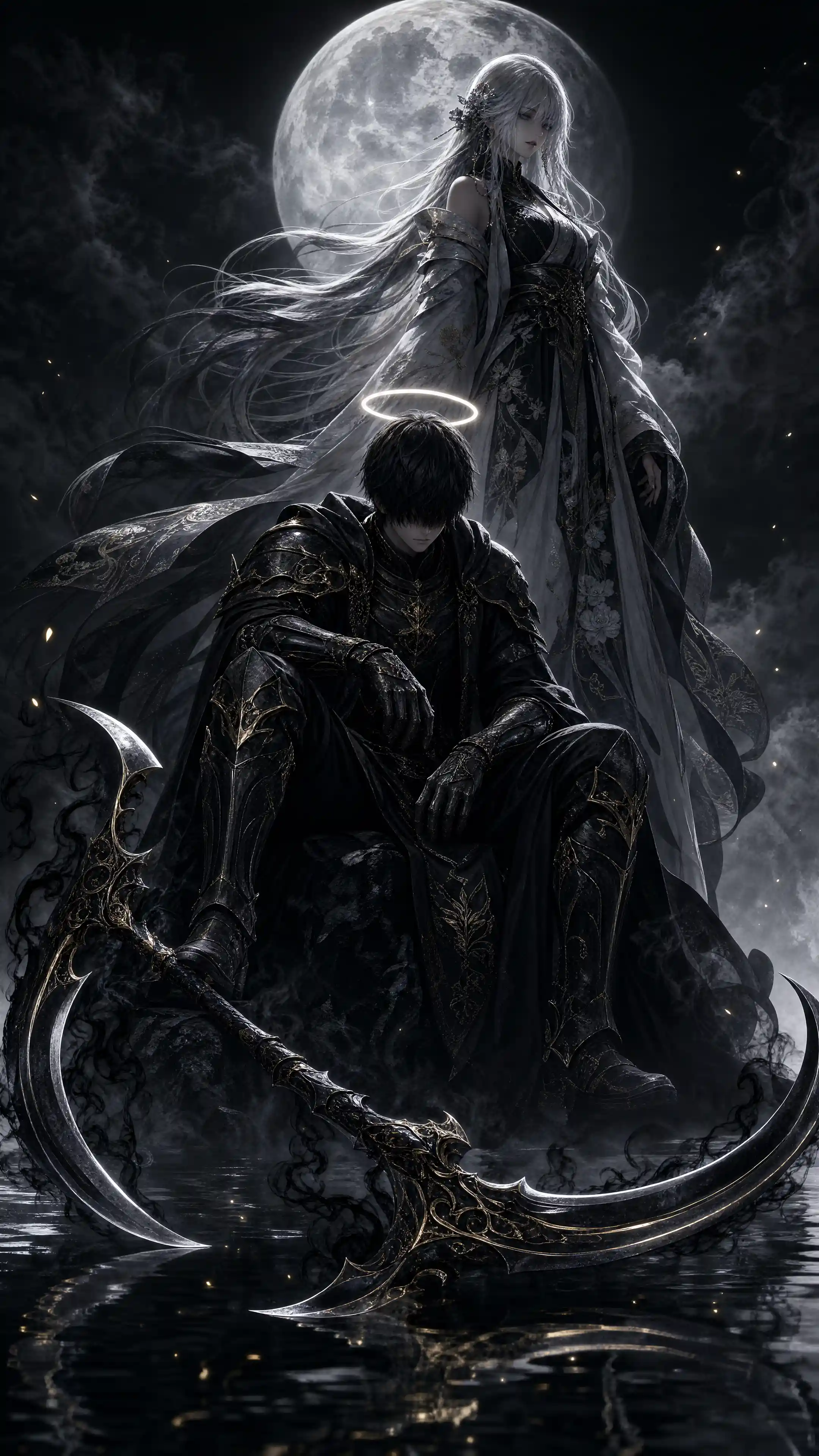 Young reaper on black stone under moonlit night halo