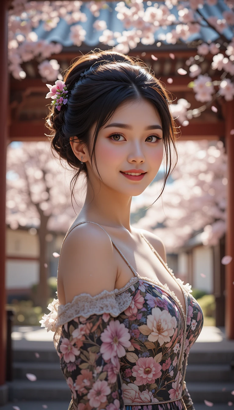 Elegante mujer japonesa sonriendo junto a un templo en primavera