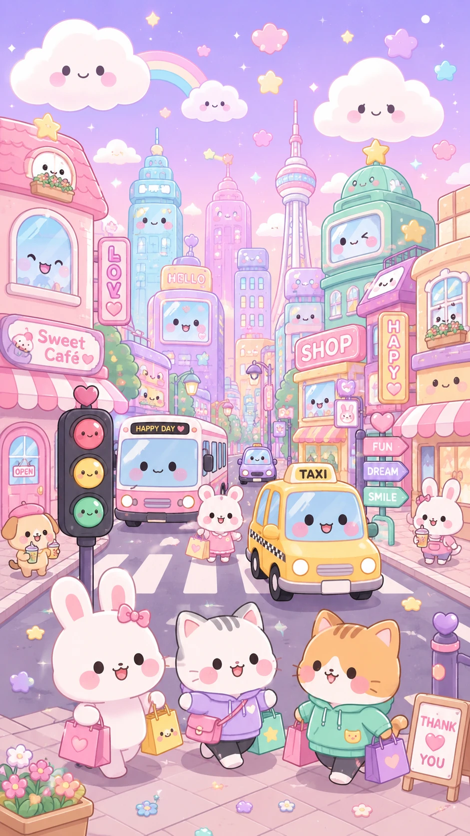 Via di città fantasy carina con personaggi kawaii e auto
