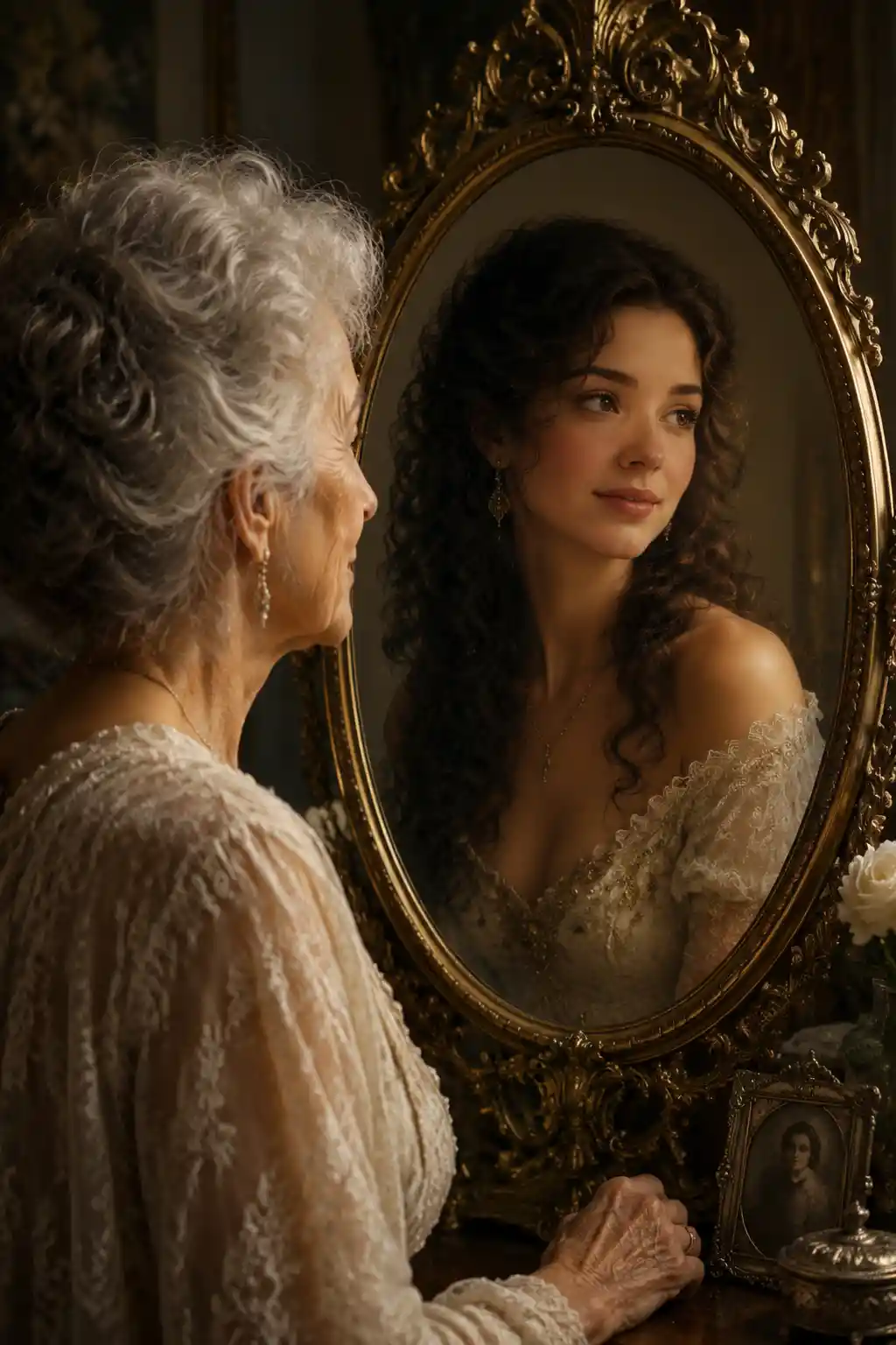 Elderly woman reflecting on her youthful beauty in mirror