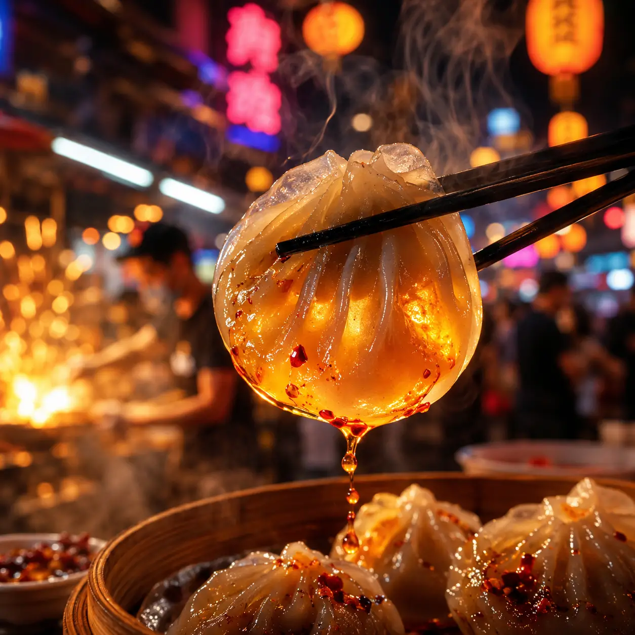 夜市中被筷子夾起的發光水餃