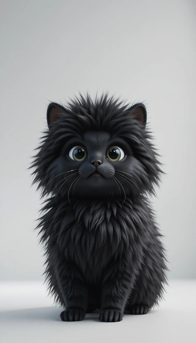 Fluffy black creature in a minimalist white room close up