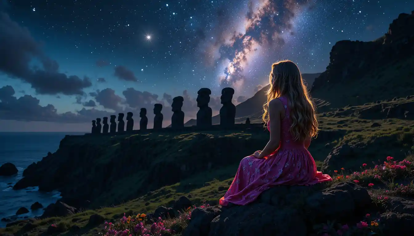 Girl in pink dress watching moai at sunset