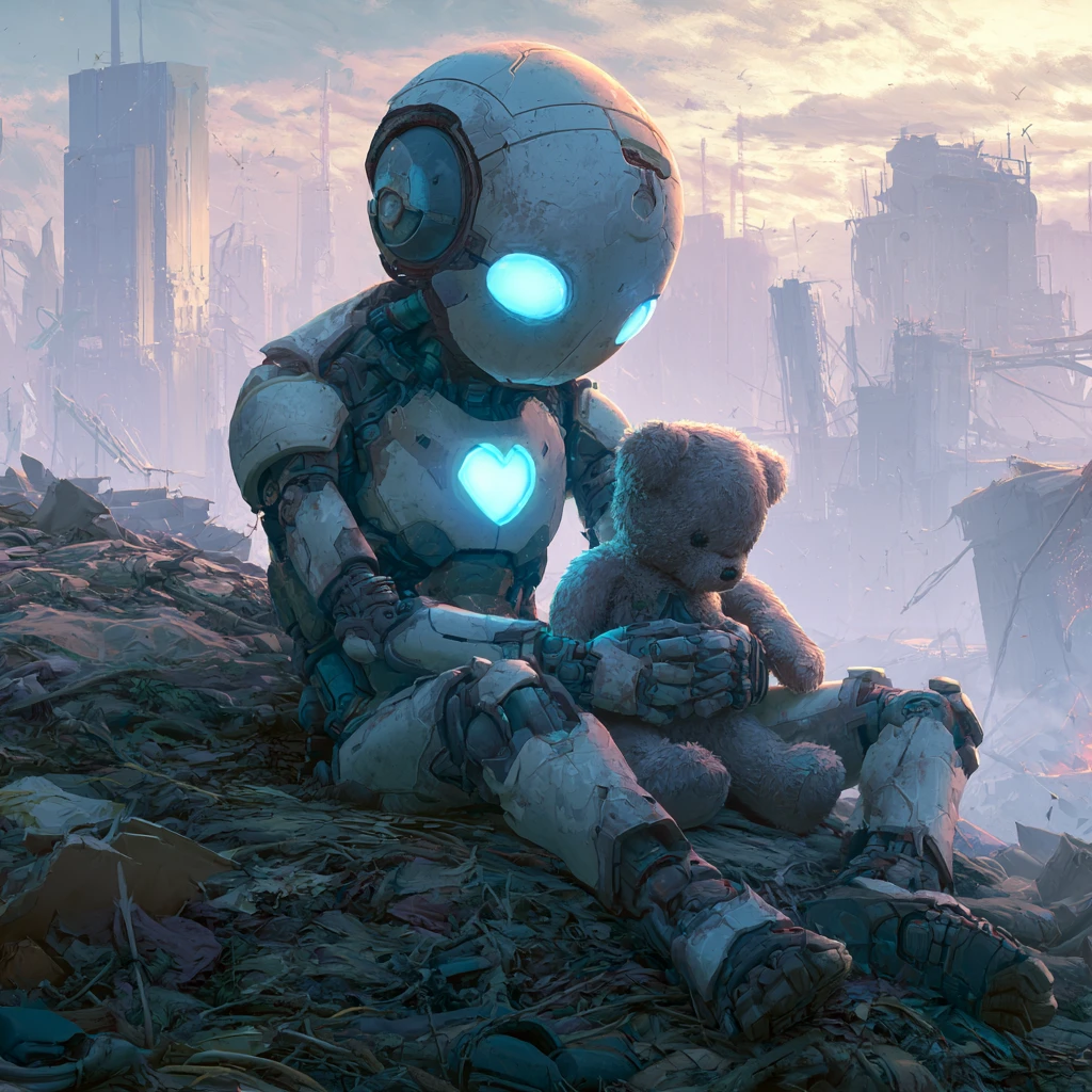 Roboter hält Teddybär zwischen Ruinen im leuchtenden Staunen