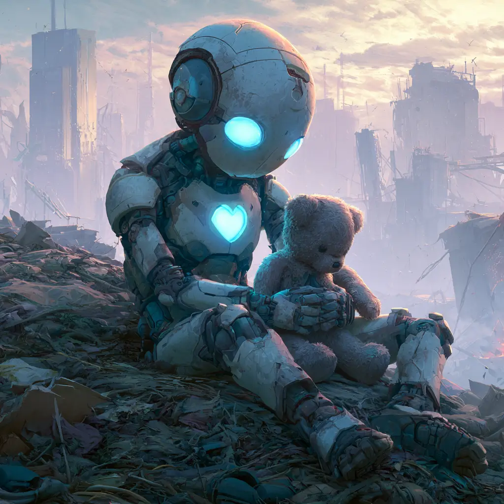 Robot holding teddy bear amid ruins in glowing wonder