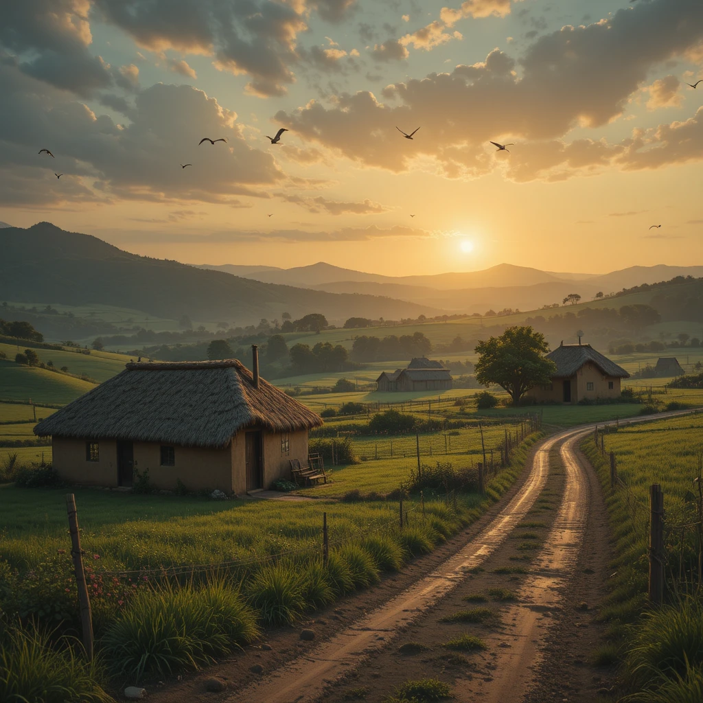 Tranquilo pueblo rural al amanecer con campos y aves