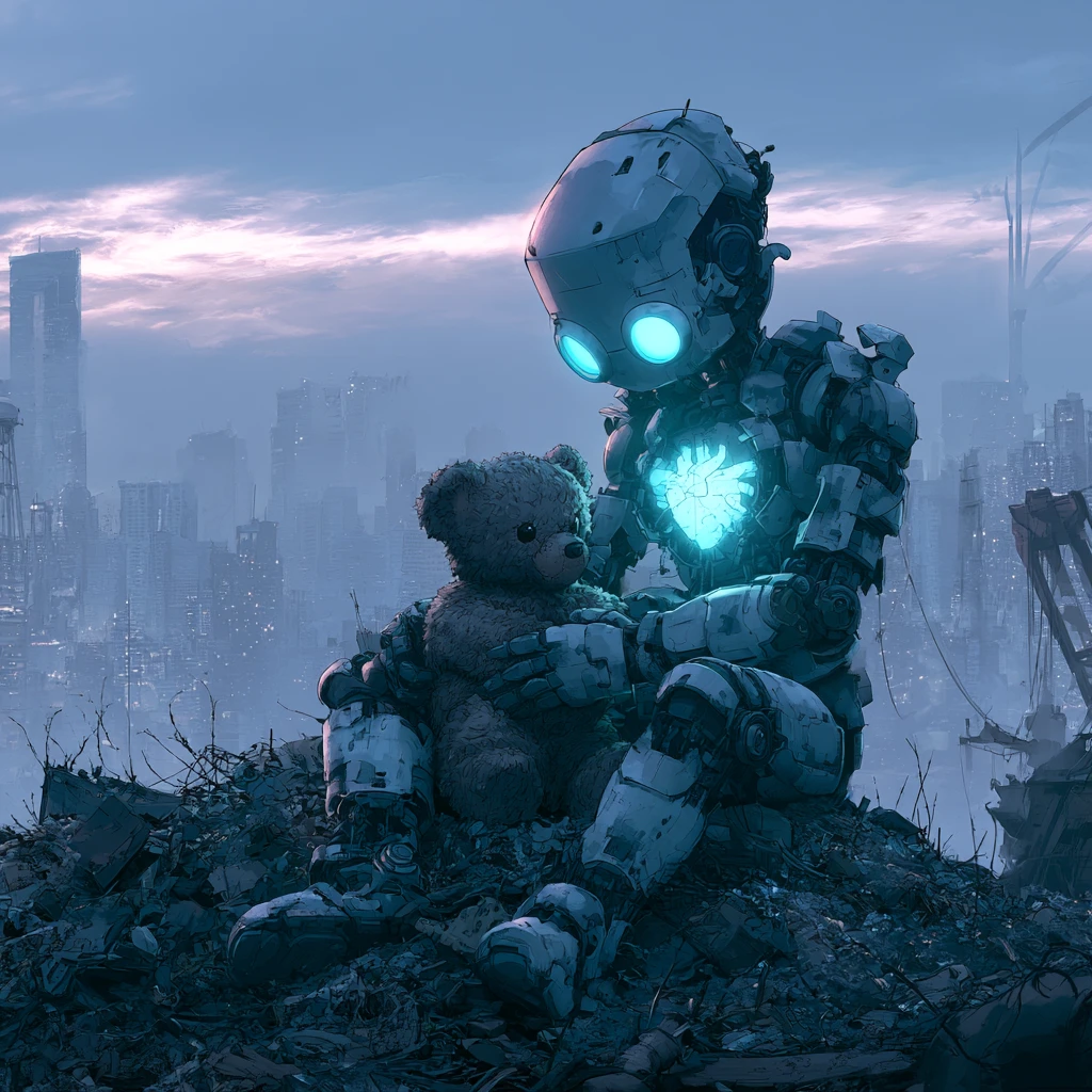 Robô segurando urso de pelúcia em cidade futurista em ruínas