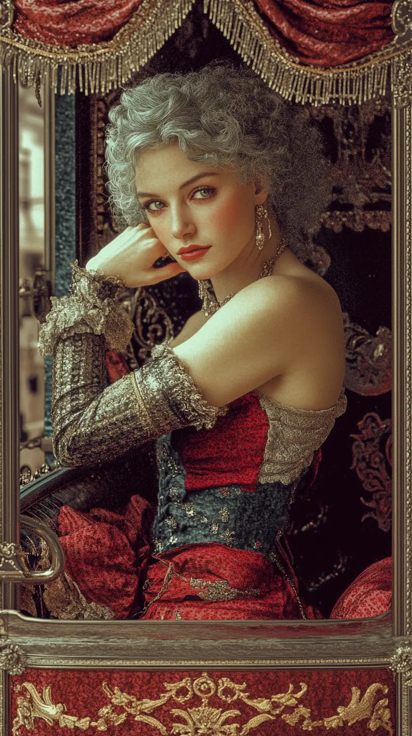 Elegant woman in red corset gazing from ornate carriage window