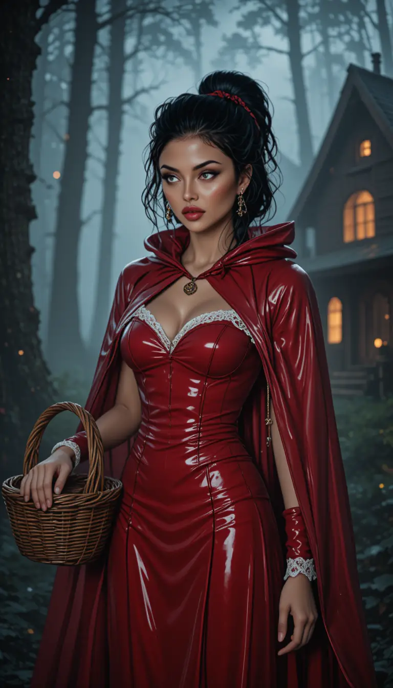Dark fantasy portrait of a modern red hooded woman