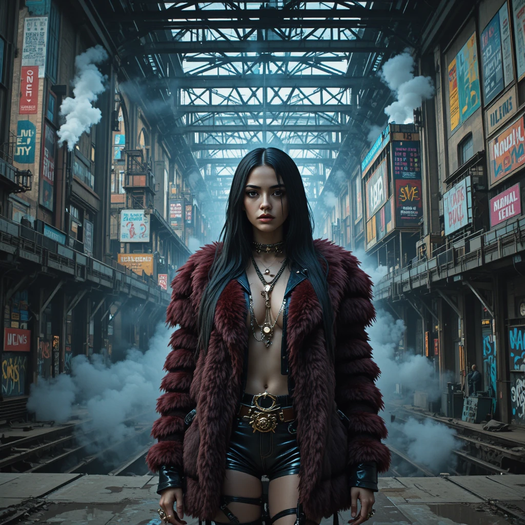 Mulher de moda cyberpunk em mural de ferrovia distópica