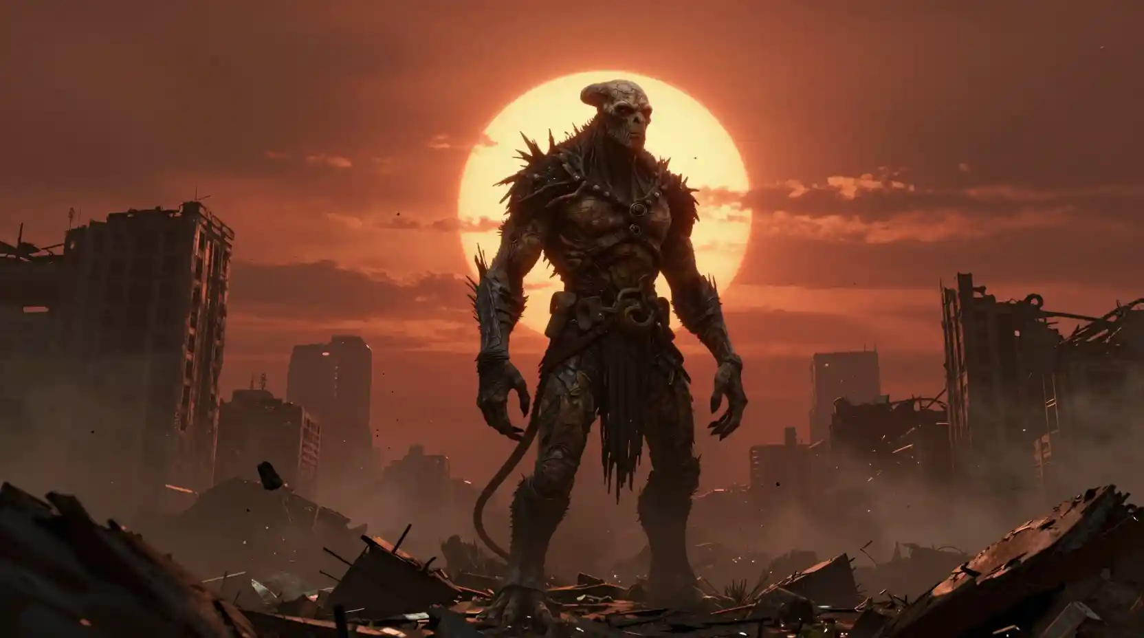 Ancient tree creature in a ruined twin sun cityscape