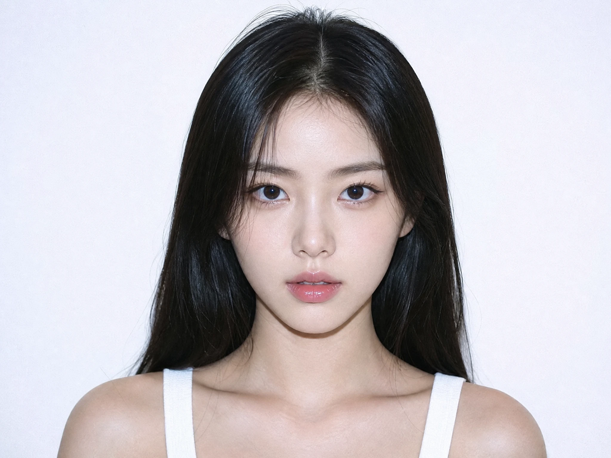 Koreanische Frau im Passfoto-Stil vor weißem Hintergrund