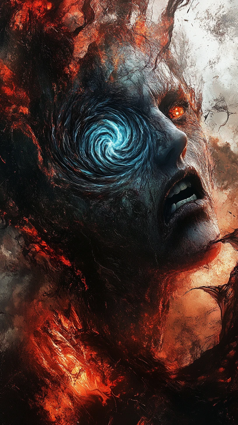 Rosto humano gritando se transformando em pele de lava rachada