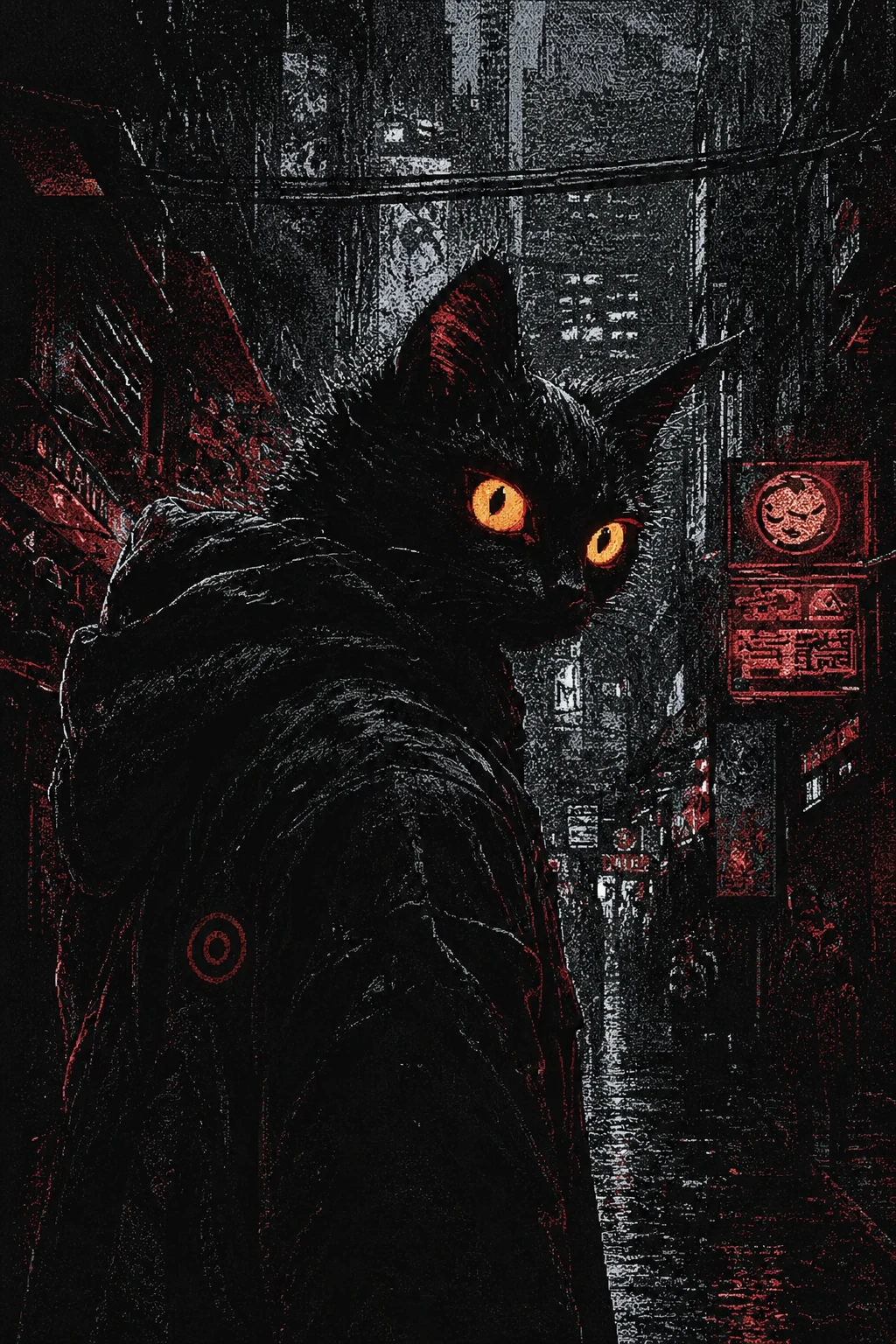 Gato preto antropomórfico em pixel art sombria de baixo contraste
