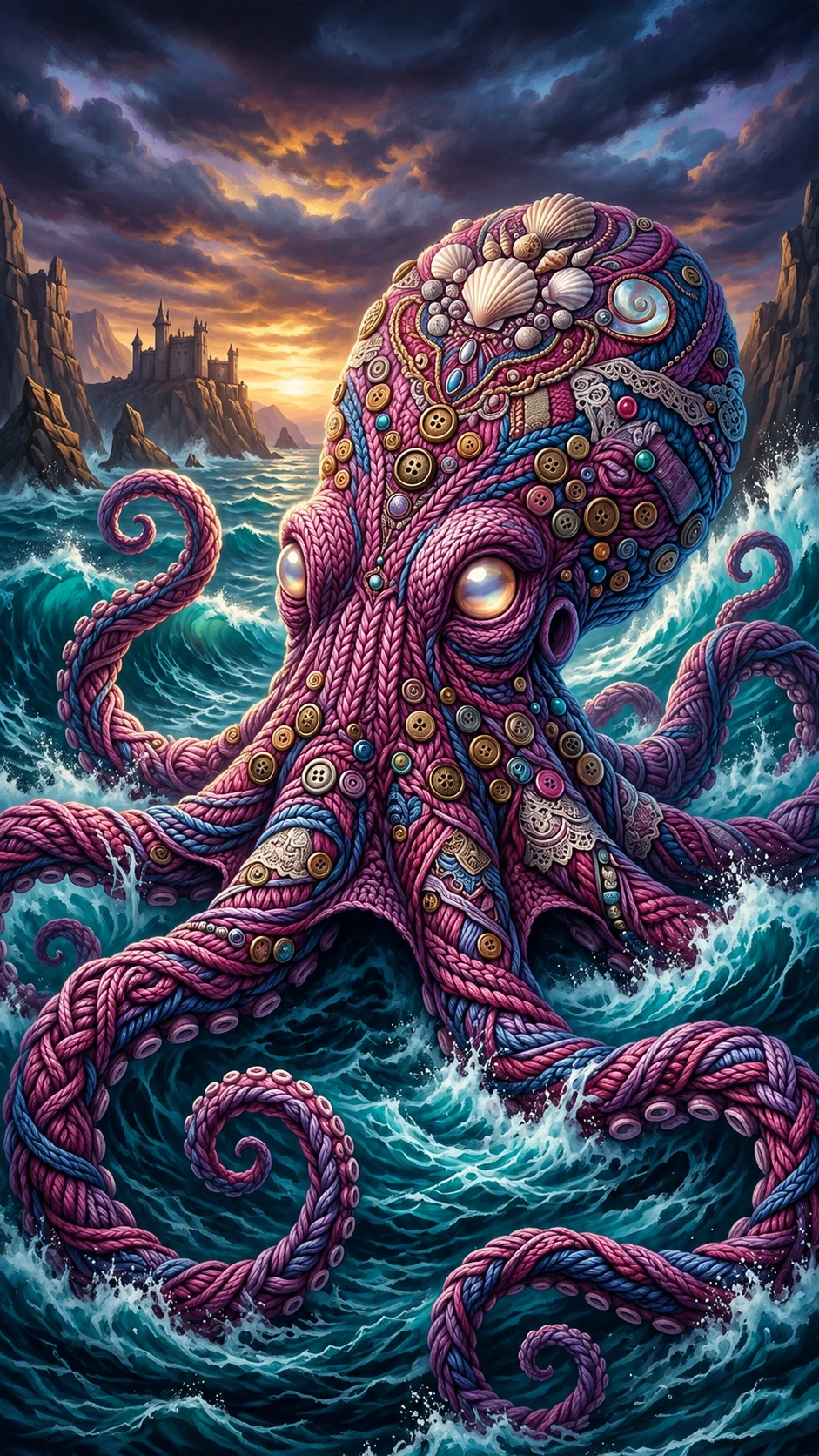 Monstro marinho colorido de lã surgindo de ondas turquesa