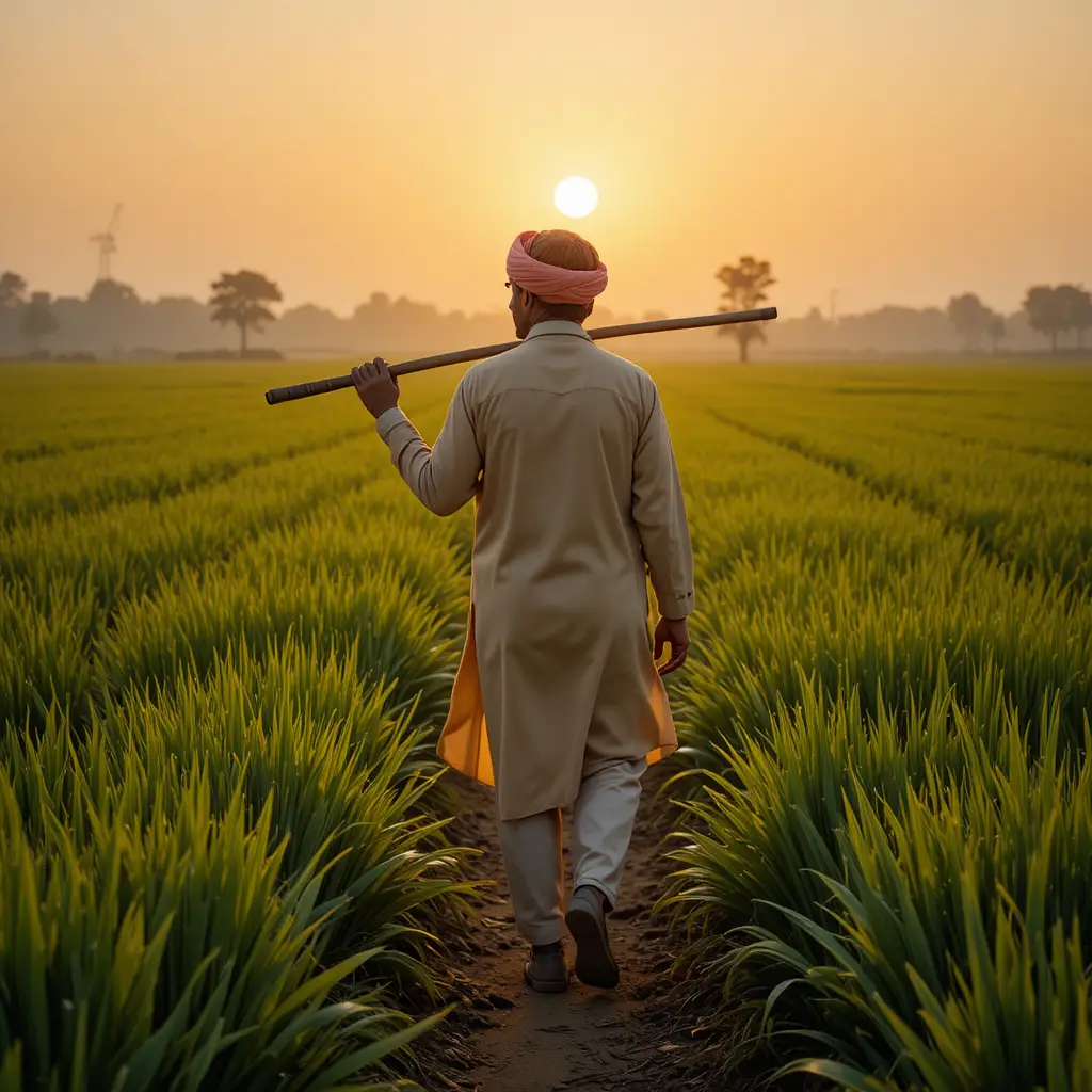 Pakistani farmer walking toward a green field at sunrise