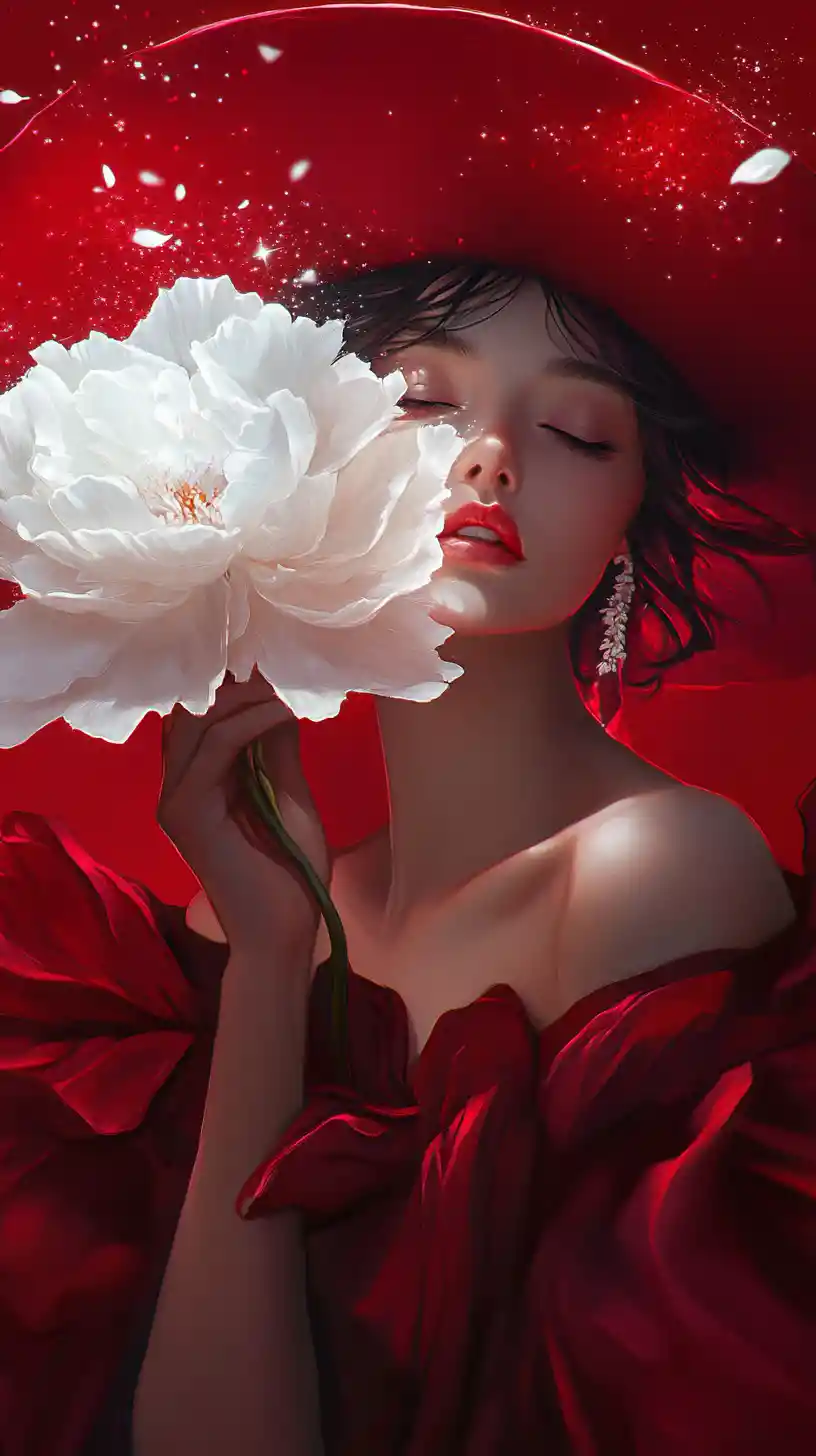 Elegant woman with glowing white peony and red gown